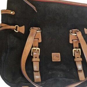 Dooney & Bourke Black Pebbled Leather HandbagTote with Brown Leather Straps